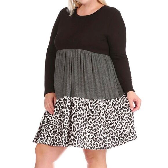NEW! Super Cute Boho PLUS Babydoll Dress Ruffle Color Block Leopard Swing Dress - Picture 1 of 4